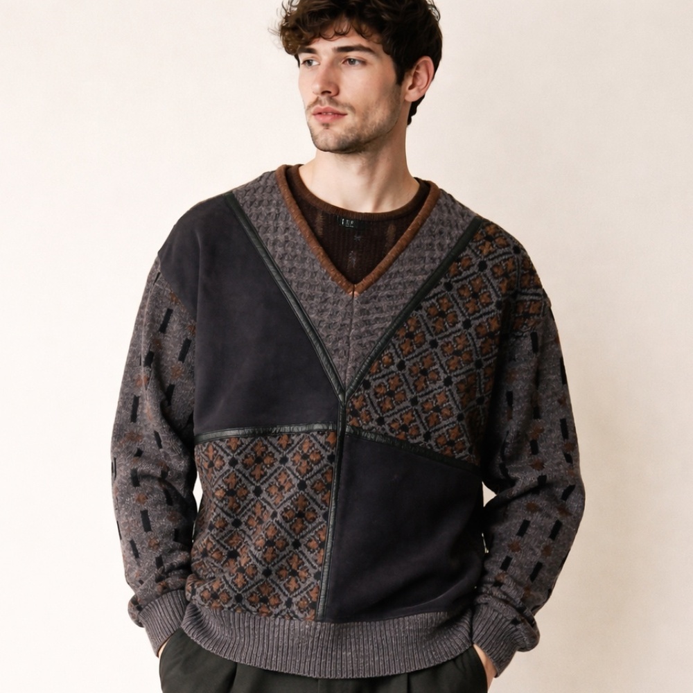 Torras Vintage Patchwork Leather Wool Sweater V-Neck Graphic Knit Sz L